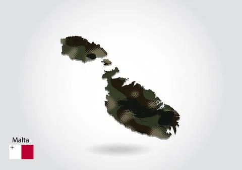 Malta map with camouflage pattern, Forest - green texture in map. Military co Stock Illustration