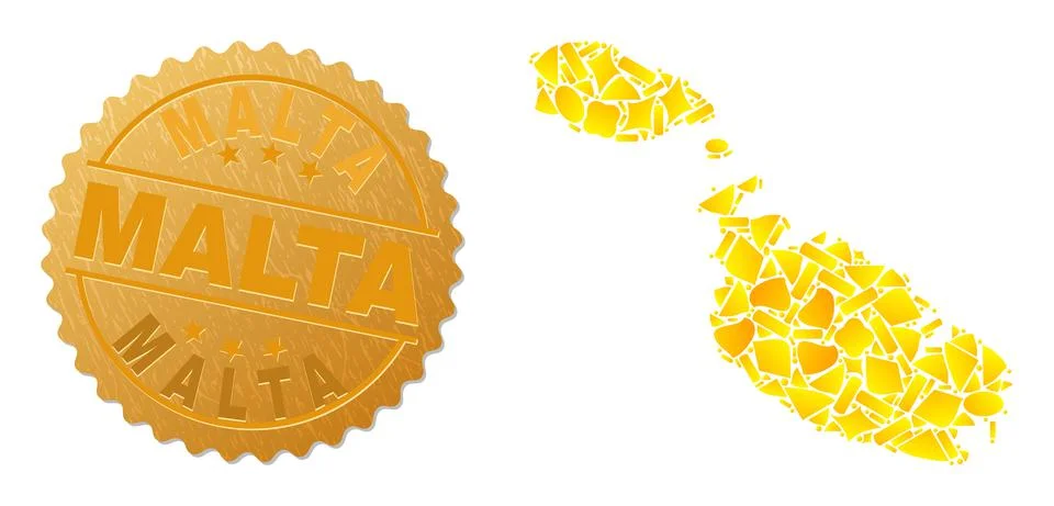 Malta Map Collage of Golden Elements and Metallic Malta Seal Stock Illustration