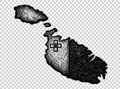 Malta map flag, black and white artistic engraving illustration. Stock Illustration