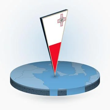 Malta map in round isometric style with triangular 3D flag of Malta Stock Illustration