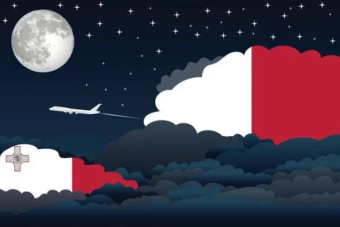 Malta Night Clouds Airplane Vector Illustration Stock Illustration