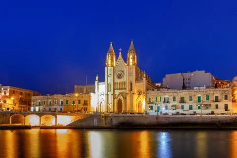 Malta. Our Lady of Mount Carmel Church at night. Stock Photos