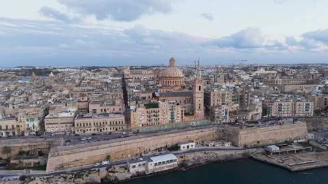Malta Valletta Blue Hour Pull In Aerial Historic Capital Stock-Footage 333673772