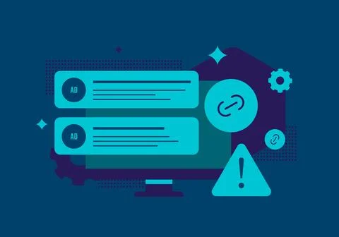 Malvertising attack warning, suspicious ad links, ads fraud risk. Malvertising Stock Illustration