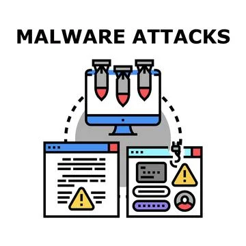 Malware attacks harming computer system and data security Stock Illustration