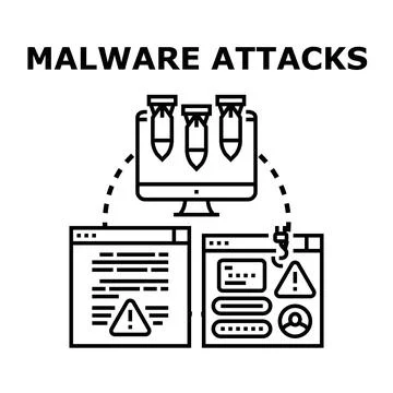 Malware attacks harming computer system and data security Illustrazione stock