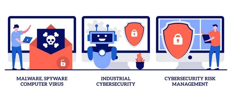 Malware, computer virus and spyware, industrial cybersecurity, cybersecurit.. Stock Illustration