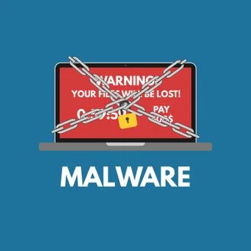 Malware cyber attack. Red alert notification and padlock with chain on laptop Stock-Illustration