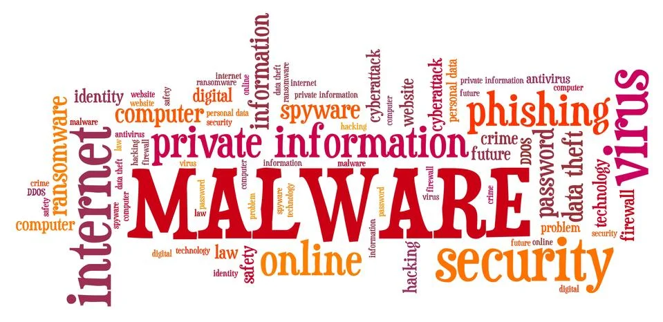 Malware cyber security text - compromised computer security concept. Word clo Illustrazione stock