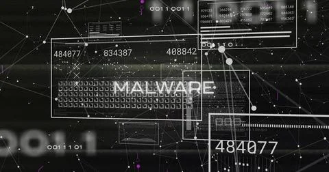Malware detection and data analysis image over digital network background Foto stock