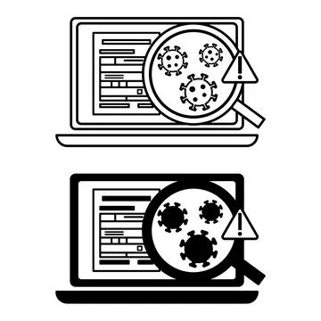 Malware Detection Icons. Line and Glyph Vector Illustrations. Laptop with a.. Stock Illustration