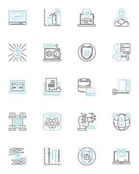Malware detection linear icons set. Virus, Trojan, Spyware, Malware, Ransomware Illustrazione stock