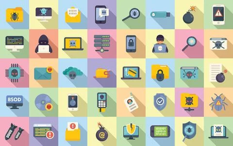 Malware icons set flat vector. Cyber attack 스톡 일러스트