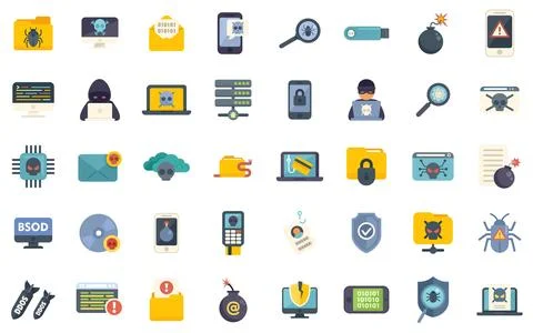 Malware icons set flat vector. Cyber attack 스톡 일러스트