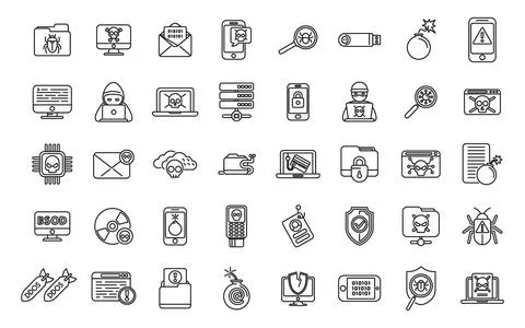 Malware icons set outline vector. Cyber attack 스톡 일러스트