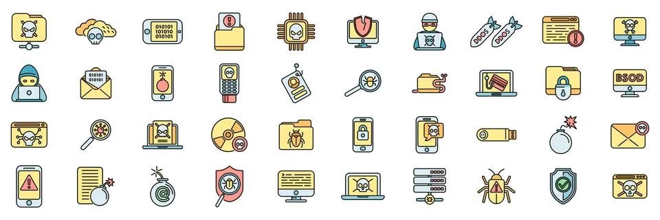 Malware icons set vector color line 스톡 일러스트