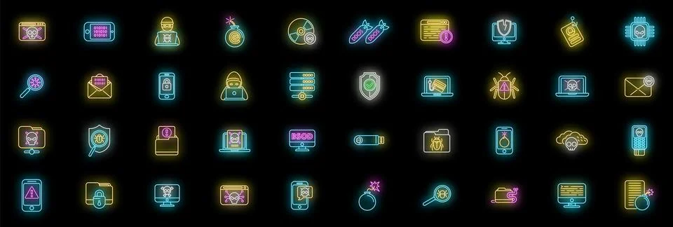 Malware icons set vector neon 스톡 일러스트