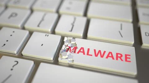 Malware key being destroyed on the computer keyboard. Conceptual 3D rendering Illustrazione stock