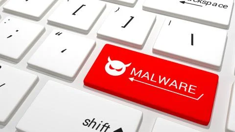 Malware key on a keyboard Illustrazione stock