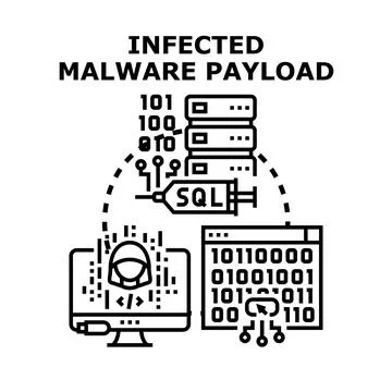 Malware payload infecting data server and computer system Stock Illustration