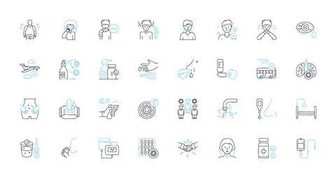 Malware prevention linear icons set. Firewall, Antivirus, Encryption, Patching Ilustración de archivo