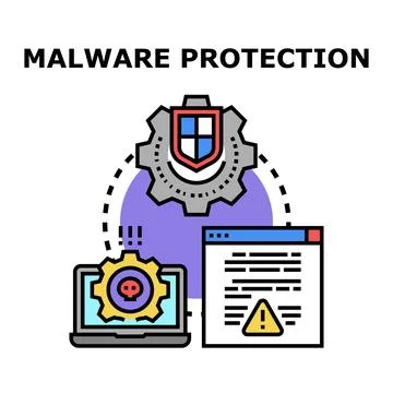 Malware protection concept with laptop and security shield Illustrazione stock