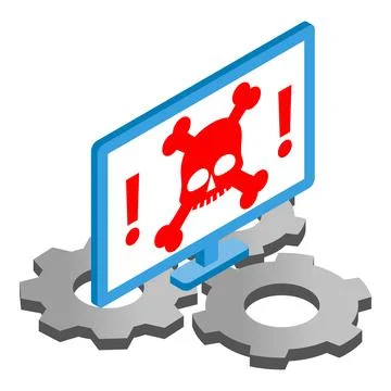 Malware removal icon isometric vector. Skull bone on computer screen cogwheel Stock Illustration