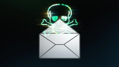 Malware skull emerging from digital envelope, symbolizing infected email, 库存插图