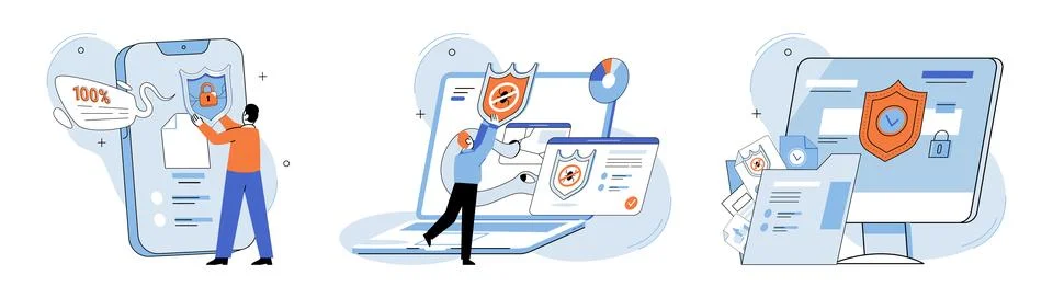 Malware spyware virus. Alerts notify users potential security breaches and Illustrazione stock