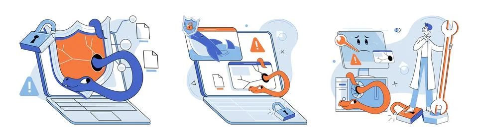 Malware spyware virus. Bugs in software ccreate vulnerabilities hackers exploit Stock Illustration