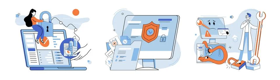 Malware spyware virus. Infected systems cspread malware and compromise Stockillustratie