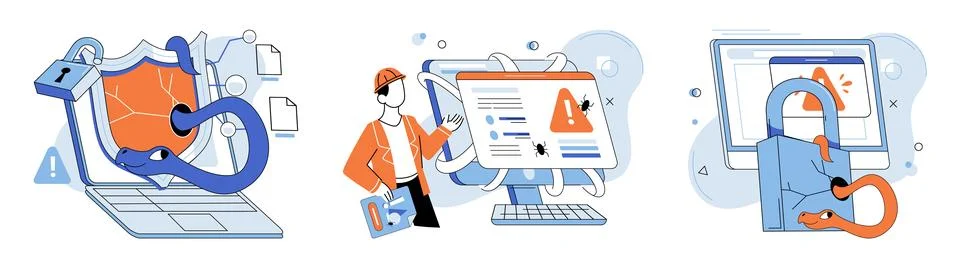 Malware spyware virus. Security measures protect against cyber attacks and Stock Illustration