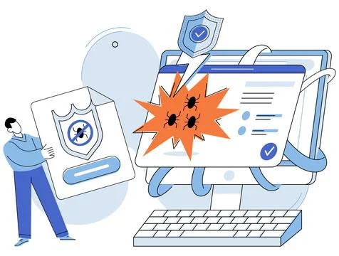 Malware spyware virus. Security measures protect against cyber attacks and Stock Illustration