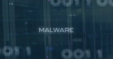 Malware text and microprocessor connections against empty computer server room Vídeo Stock 196888267