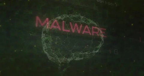 Malware text and microprocessor connections against spinning human brain on Video stock 196888365