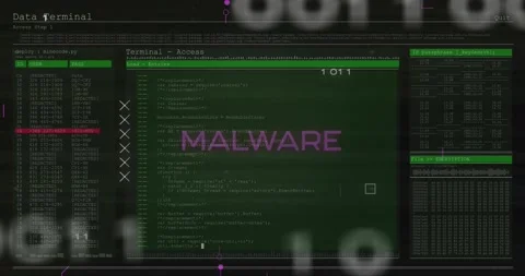 Malware text and microprocessor connections against digital interface with data Vídeo Stock 196888459