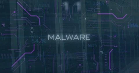 Malware text and microprocessor connections against empty computer server room 스톡 사진