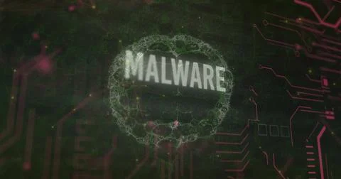 Malware text and microprocessor connections against spinning human brain on 写真素材