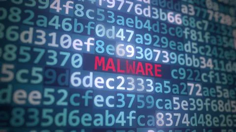 MALWARE text and source code on the computer monitor, 3D rendering Stock Illustration