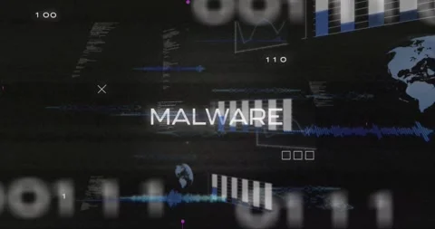 MALWARE text animating after glitch stretching flashing magenta revealing HUD Stock Footage 329700740