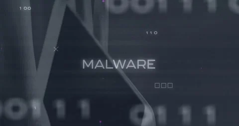 Malware text animating over binary code with digital elements in background Stock Footage 304926170