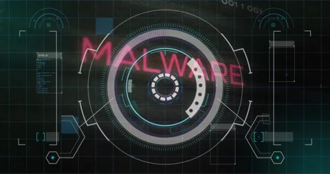 Malware text animation over digital interface with circular and grid elements Stock Footage 305622458