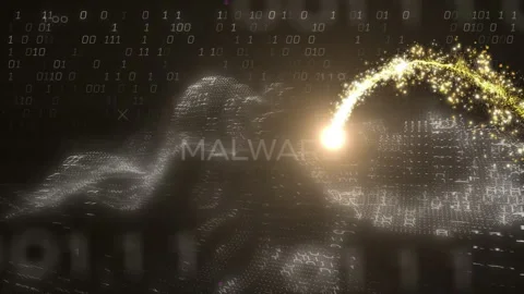 Malware text with digital binary code and glowing particle animation Stock Footage 304839370