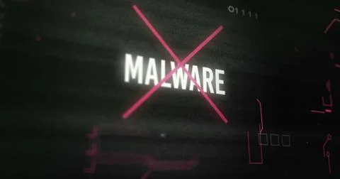 Malware text image over dark background with binary code Stock Illustration
