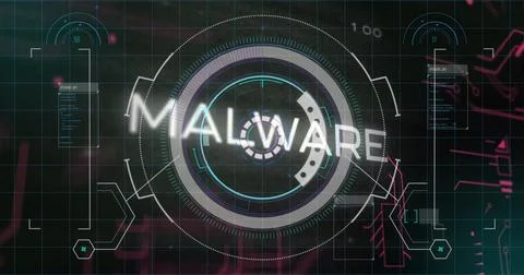 Malware text image over digital interface with circular and grid elements Illustrazione stock