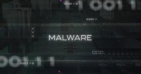 Malware text image over digital data and binary coding background 库存照片