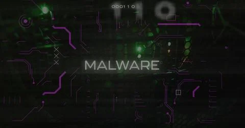 Malware text image over digital code and green lights background 写真素材