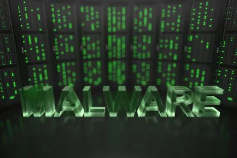 MALWARE text on server room background. Conceptual 3D rendering Stock-Illustration