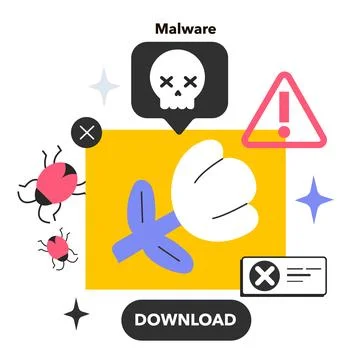 Malware. Virus, hacking software, email fraud, e-mail spam, phishing Stock-Illustration