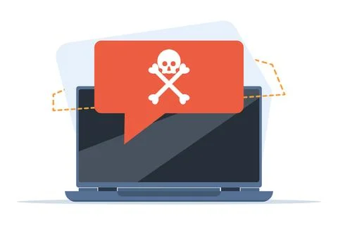 Malware warning concept, warning notice on laptop computer, spam data. 库存插图